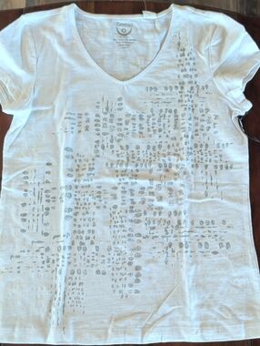 Zenergy Women's White Short Sleeve V-Neck Tee with Silver Print
